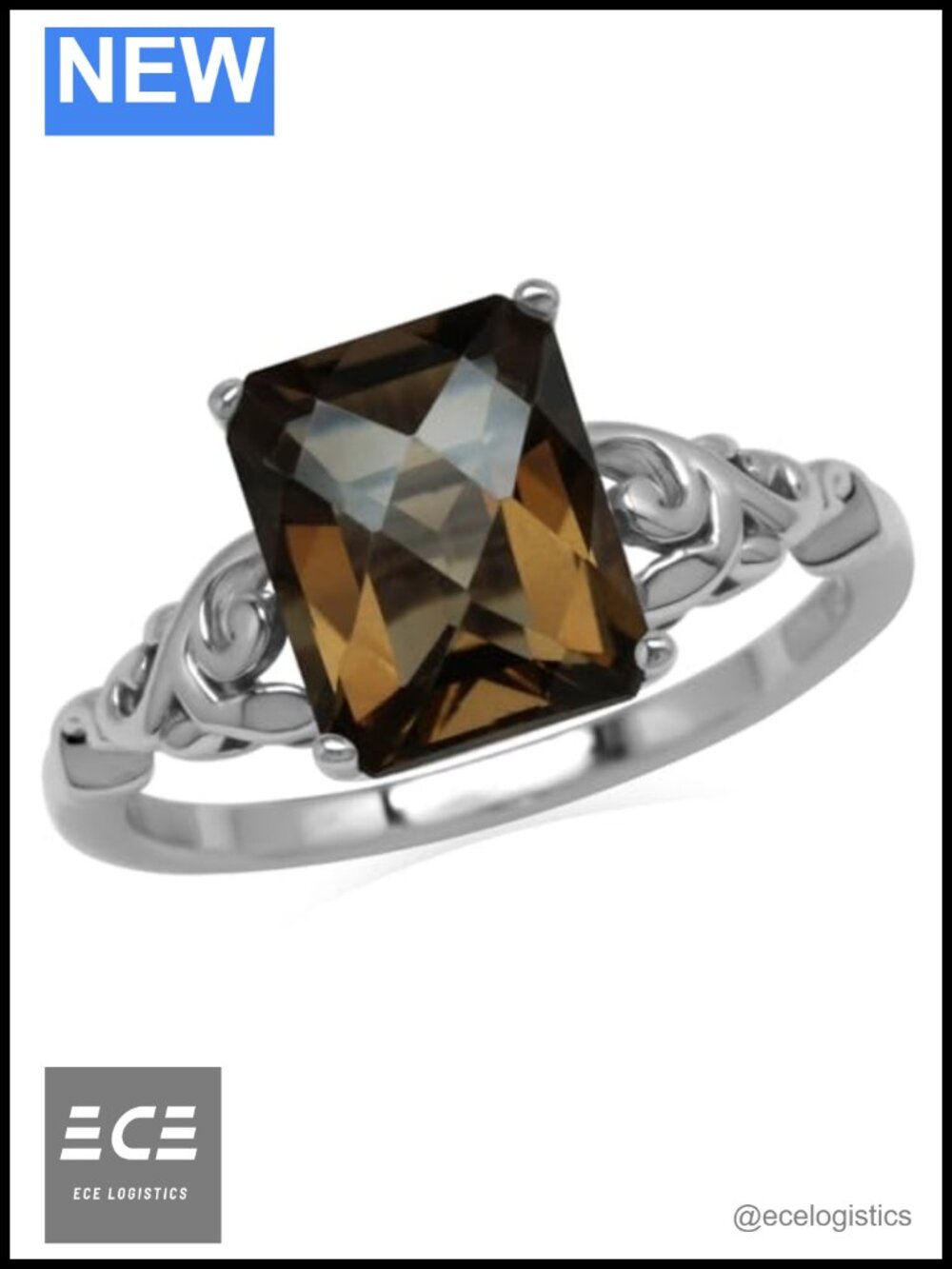 Sterling Silver Smoky Quartz Octagon Scroll Ring White Gold Plated